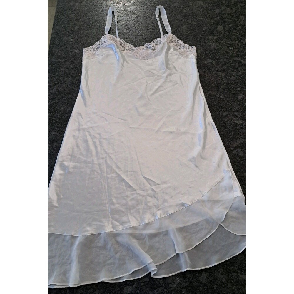 Morgan Taylor Intimates White Satin & Lace Slip Nightgown Tiered Sheer Hem XL